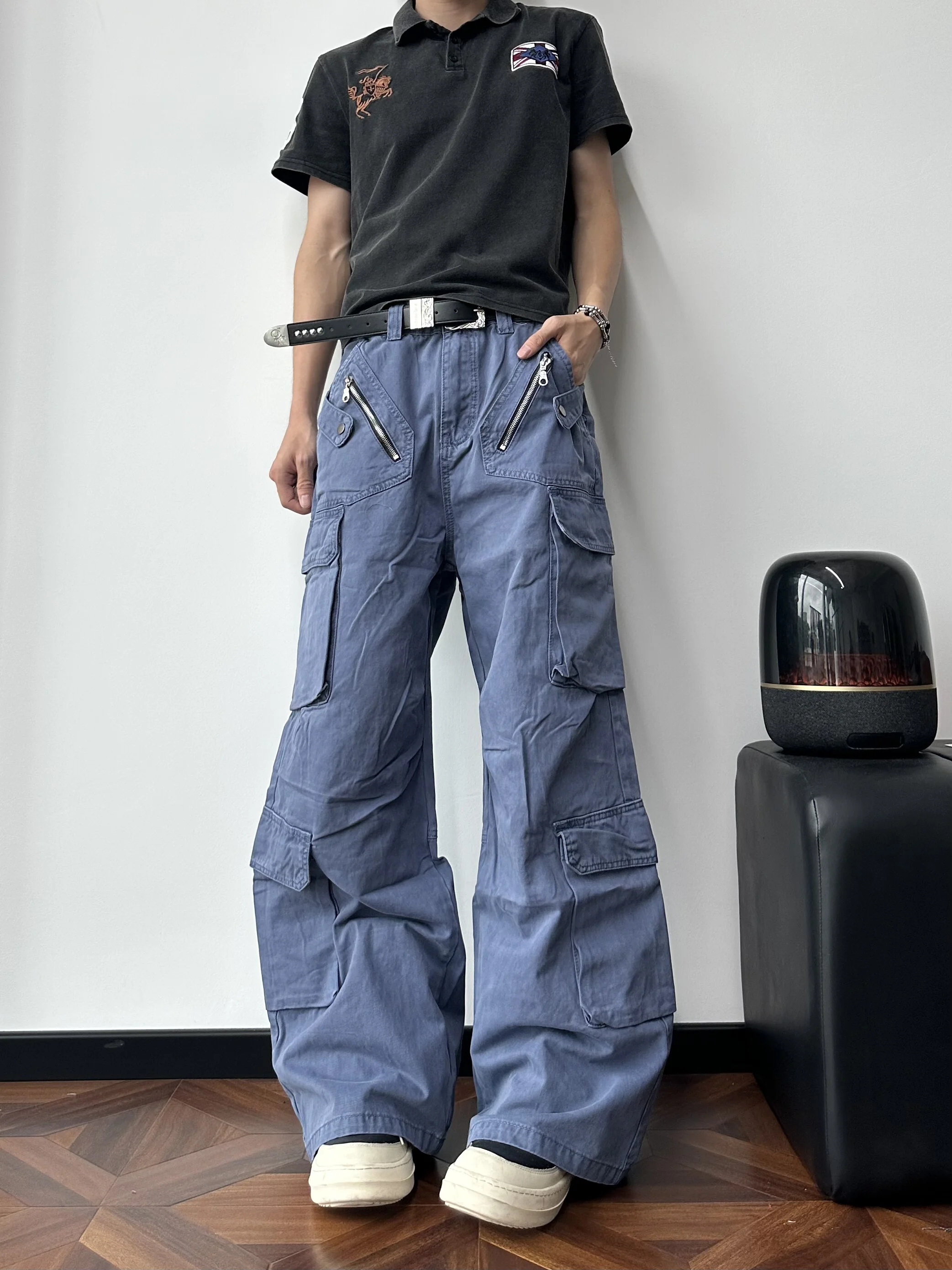 American Style Street Retro Heavyweight Functional Multi-Pocket Zipper Work Pants Loose Casual Wide Leg Long Trousers