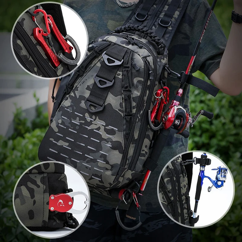 Large Capacity Fishing Bag Men Laser Travel Camping Backpack Fishing Lure Rod Outdoor Hiking Tactical Molle Shoulder Chest Bags