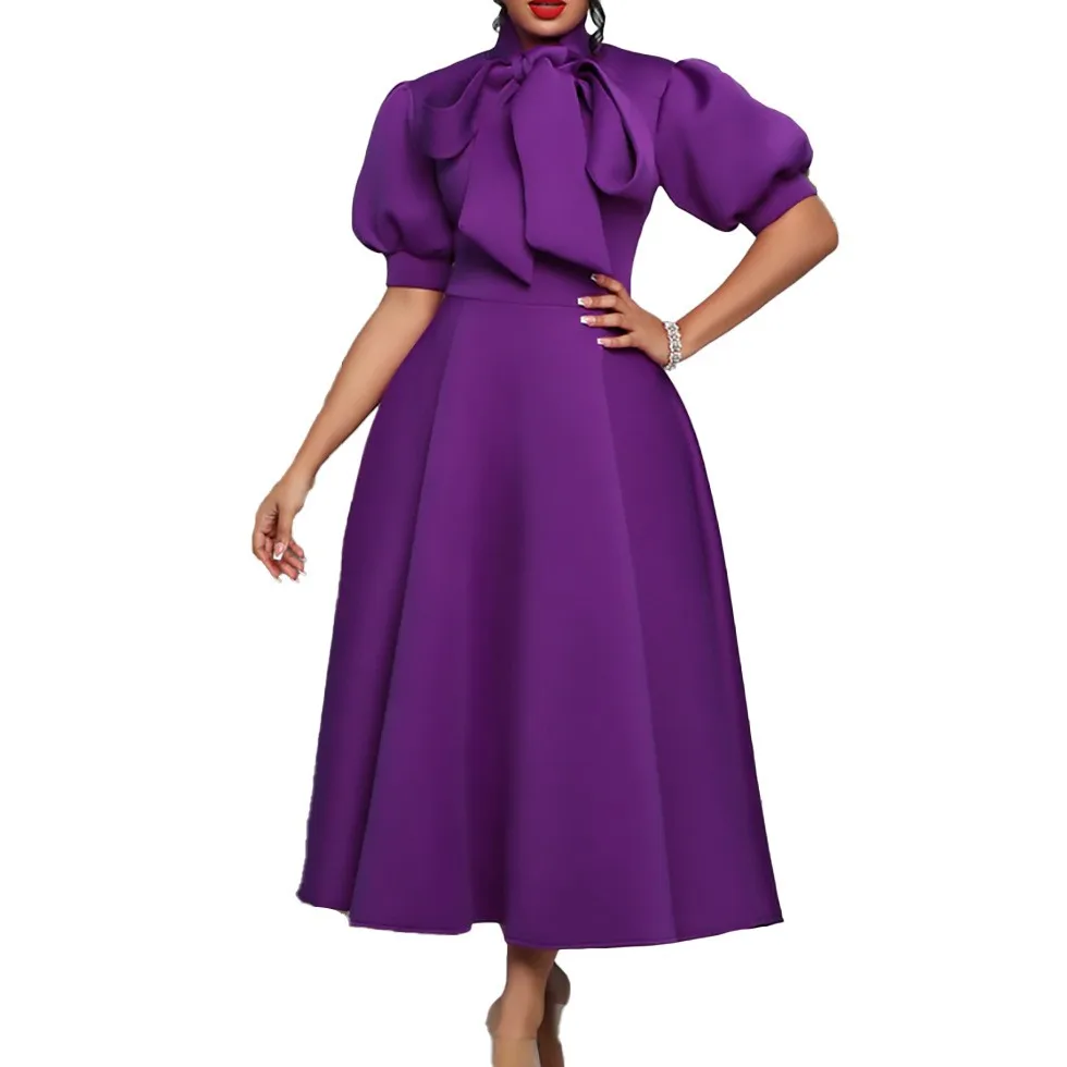Summer Women's Clothing Bow Tie Solid Color Elegant Prom Evening Party Dress For Polyester High Waist Short Sleeve Midi Gown