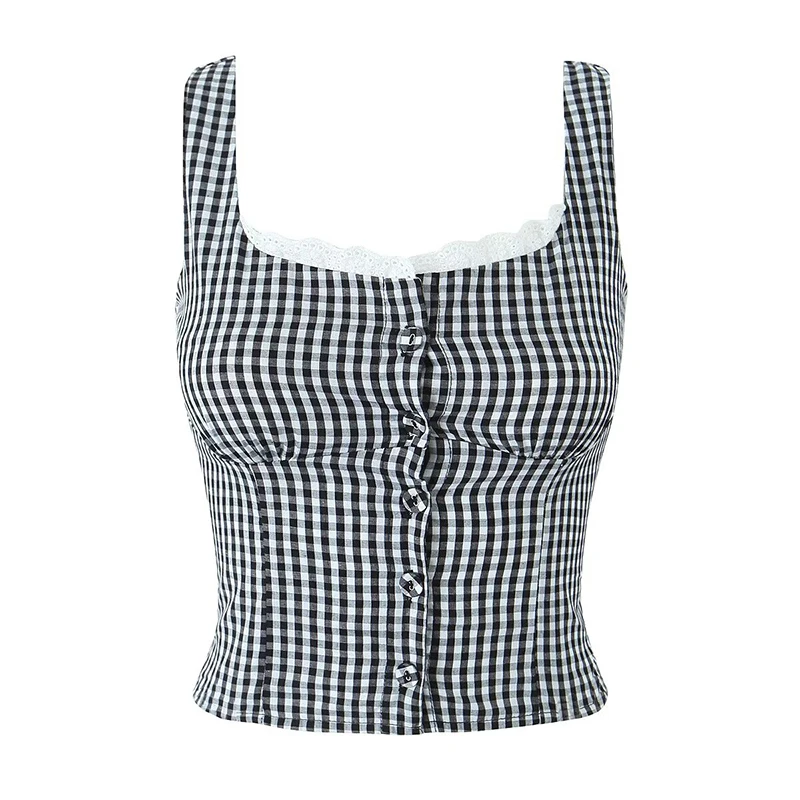 

YENKYE Front Button Black Red Plaid Tank Top Women Lace Trim Cotton Holiday Summer Crop Top