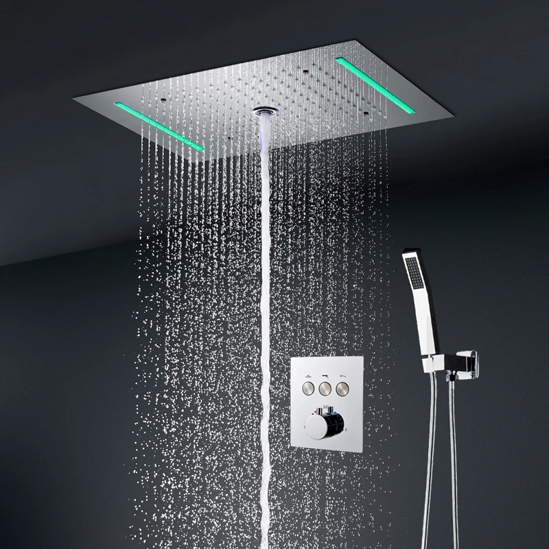 Thermostatic Shower Set LED  rain Showerhead 360x500mm Column Shower System chrome surface