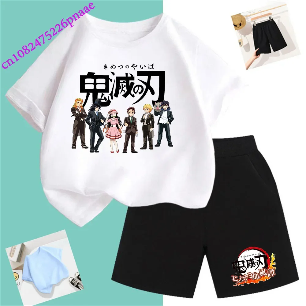 Demon Slayer t shirt Fashion Summerdress2024 Short Kid Short T-shirt Baby Tee Sets Fashion Casual O-neck Breathable KawaiiShorts