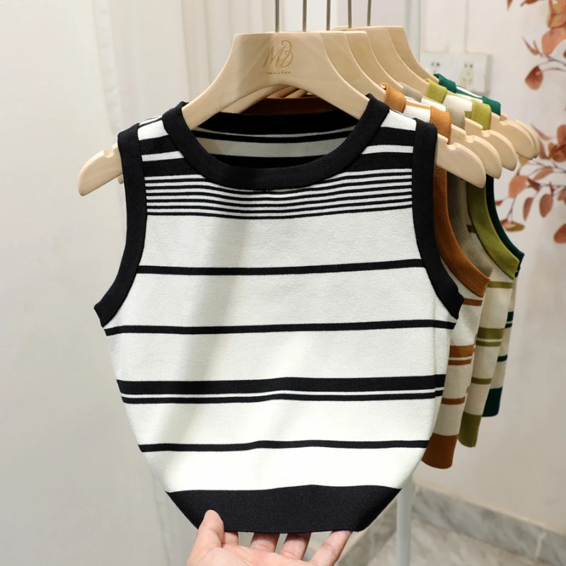 Neue Mode Blockieren Koreanischen Stil Crop Tops Gestrickte Gestreifte Weste frauen Ärmellose Rundhals Vielseitig Tank Tops Damen Grundlegende