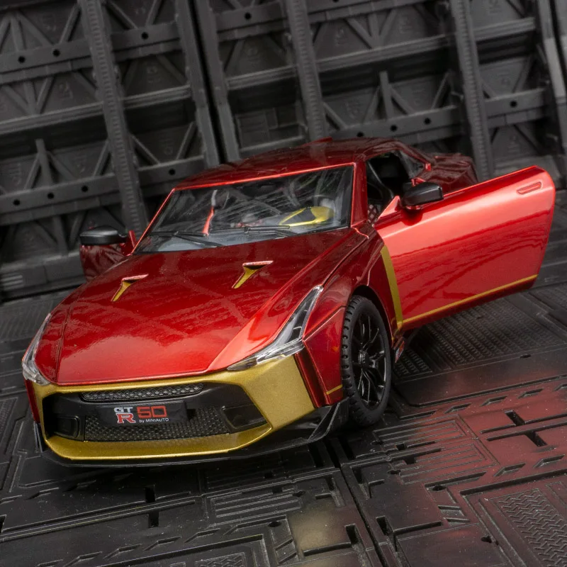 Puertas de modelo de coche de aleación Nissan GT-R50 1:24 y capó de motor, el maletero se puede abrir tiene funciones de sonido y iluminación simuladas