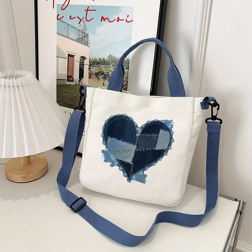 Denim Patchwork Heart Canvas Tote Crossbody Bag Vintage Love Pattern Handbag Adjustable Removable Strap Casual Shoulder Bag