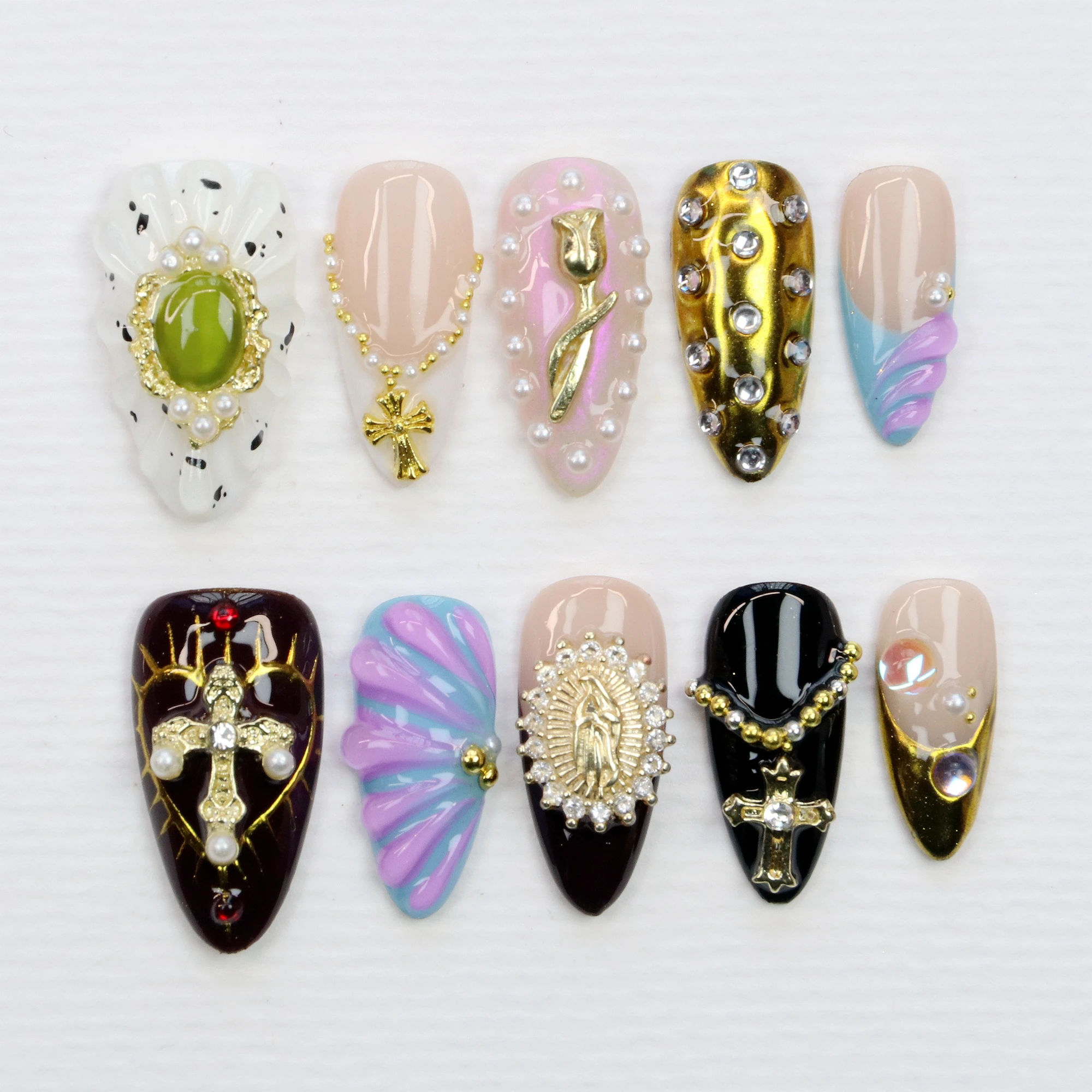 10PCS Y2K 3D Custom Design Luxury Long Stiletto Press On Nails,Beautiful Flowers FreeStyle Press Vacation Holiday Gift