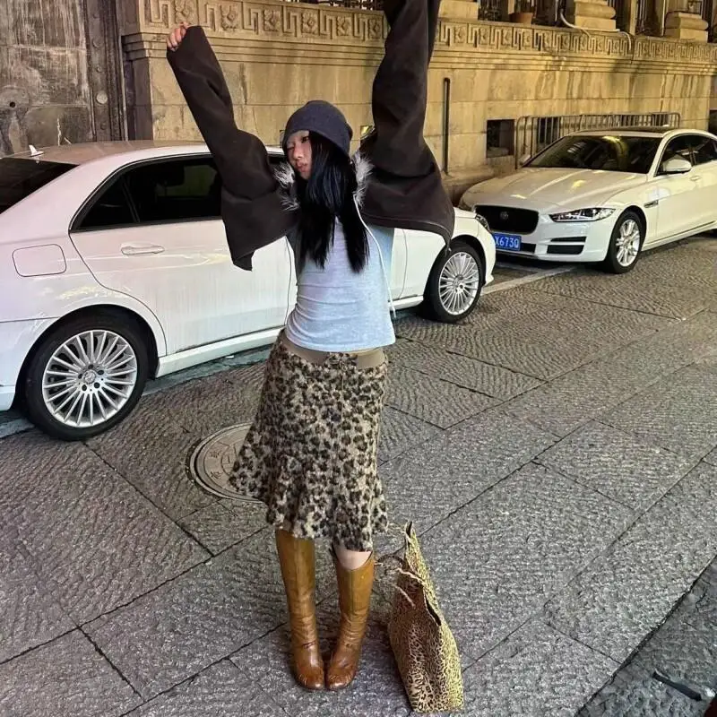 American Retro Leopard Print Circle Wool Midi Skirt Women Plus Size Winter New Fashionable Unique Design Fish Tail Midi Skirt