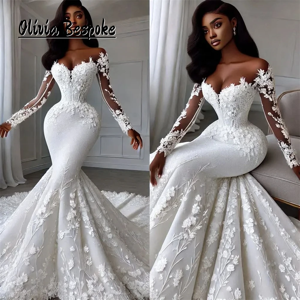 

African Lace Applique Aso Ebi Wedding Dresses For Brides 2025 Long Sleeves Mermaid Engagement Gowns vestido de novia Customized