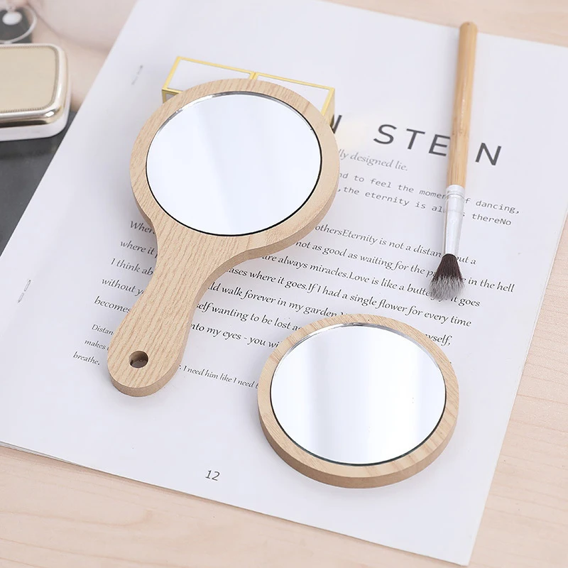 1PC Portable Round Wood Vintage Hand Mirror Women Long Handle Make Up Mirrors Home Decoration