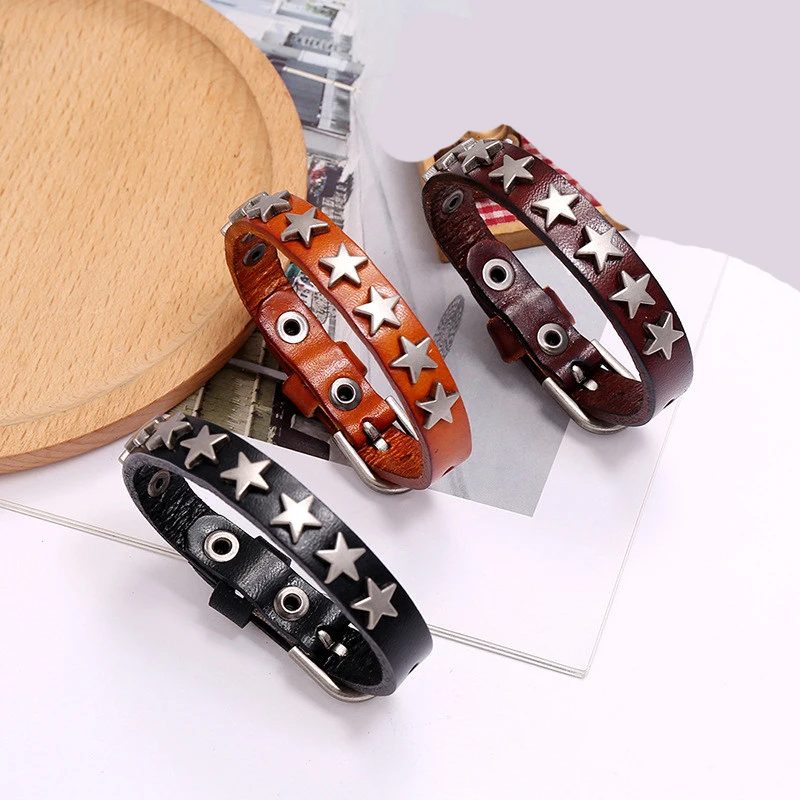 Star Punk Rock Wrap Leather Bracelet Men Vintage Spikes Rivet Gothic Wide Cuff Bracelets For Women Jewelry