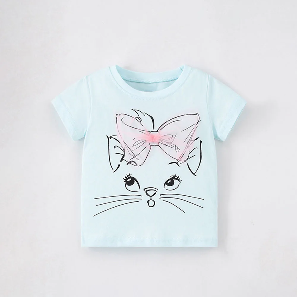 

Disney Cartoon Print Children's T-shirt 2025 Summer Blue Breasthable Cotton Cute O-neck Short Sleeve Verastile Girl's Tops