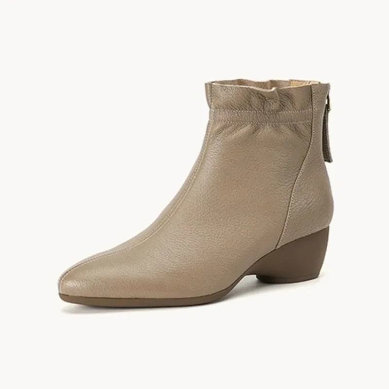 Winter Women Mid-calf Leather Boots Ruffled Pointed Toe Chunky Heel Lady Short Boot Fashionable Large Size Snow Boots Waterproof view 4