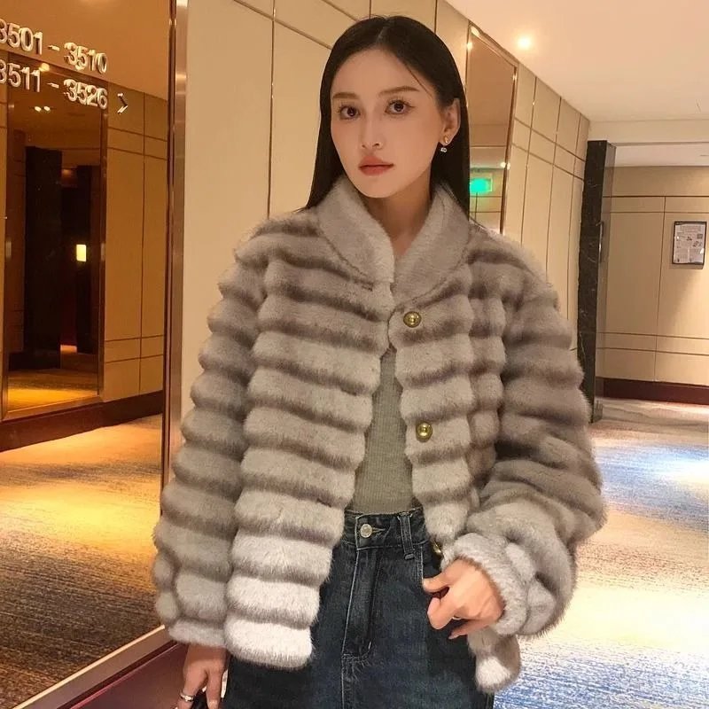 ฤดูใบไม้ผลิและฤดูหนาวใหม่สีสิ่งแวดล้อม Mink FUR แฟชั่นเสื้อขนสัตว์ผู้หญิงความรู้สึกอาวุโสหลวม STAND COLLAR สั้น Coat