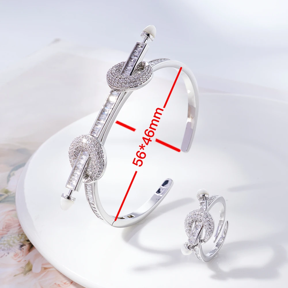 InJewelife Trendy Cubic Zircon Shell Bangles Bracelets with Ring Luxury Jewelry Set for Women Gold Plated Bracelet Jewellery