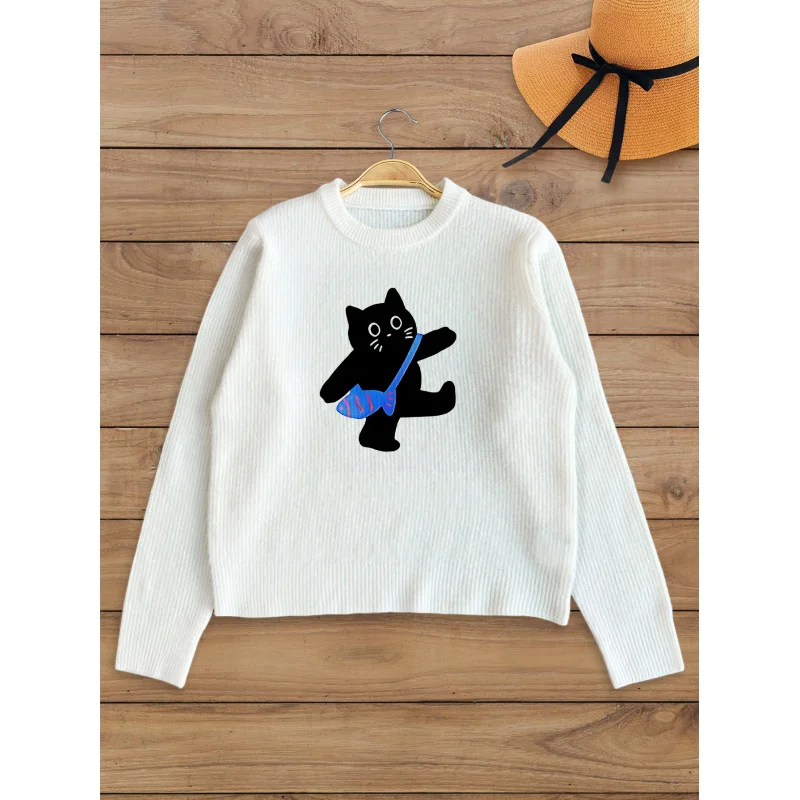 

Cute Black Cat Print Pattern Women's Knit Pullover Thick, Oversized Crew Neck Long Sleeve Fall/Winter Fashion Style