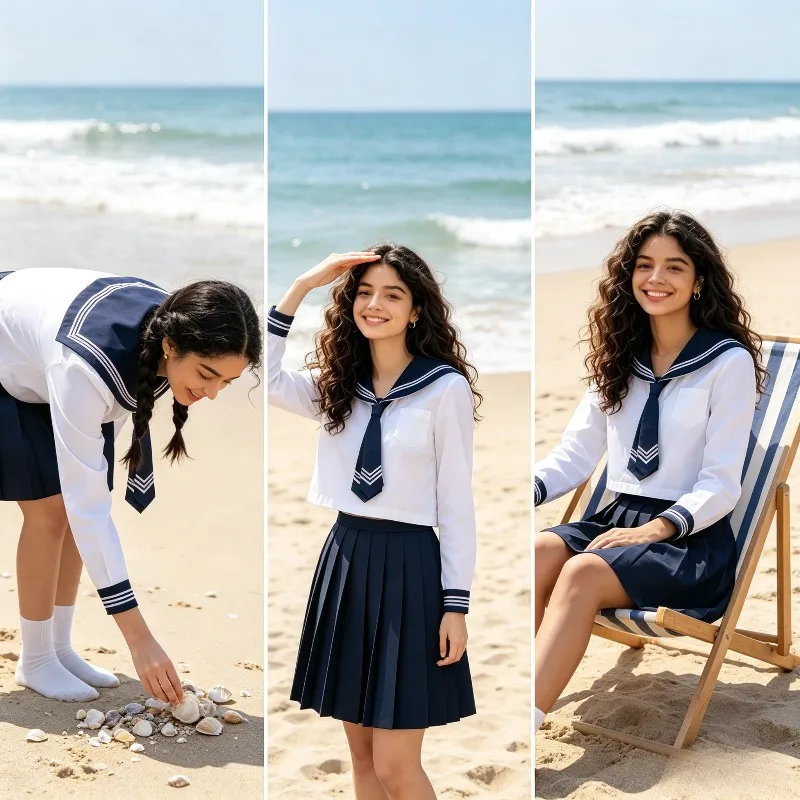White Three Book Sailor Suit Set, Contrasting Navy Collar, Long Sleeved Arrow Tie, Navy Blue Skirt, Basic Student Uniform