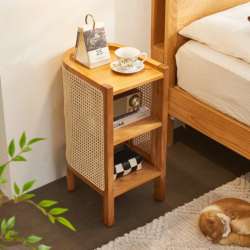 Solid wood rattan bedside table Japanese-style small side cabinet, simple Nordic wabi wind sofa side few small storage cabinets