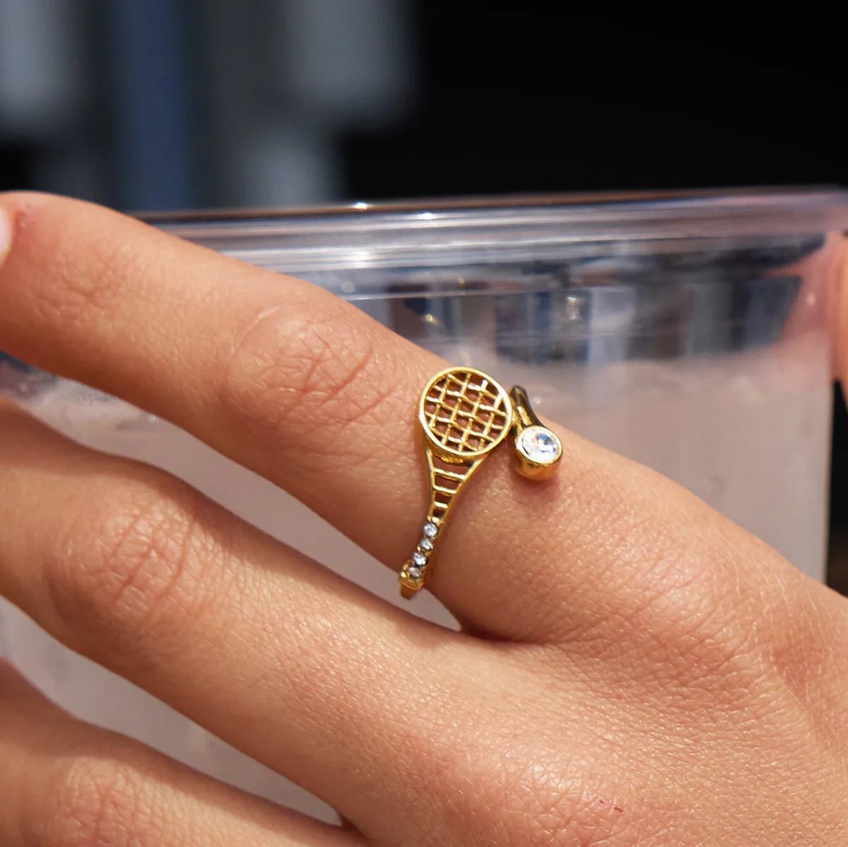 Original Tennis Racket Design Zircon Adjustable Ring Women Personality Summer New Jewelry Accessories Gift