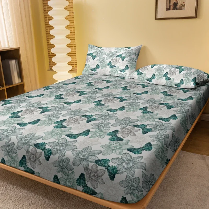 

1 Simple modern Plant Flower butterfly printed matte Fitted Sheet, bedroom printed bed cover, bedding (excluding pillowcases)
