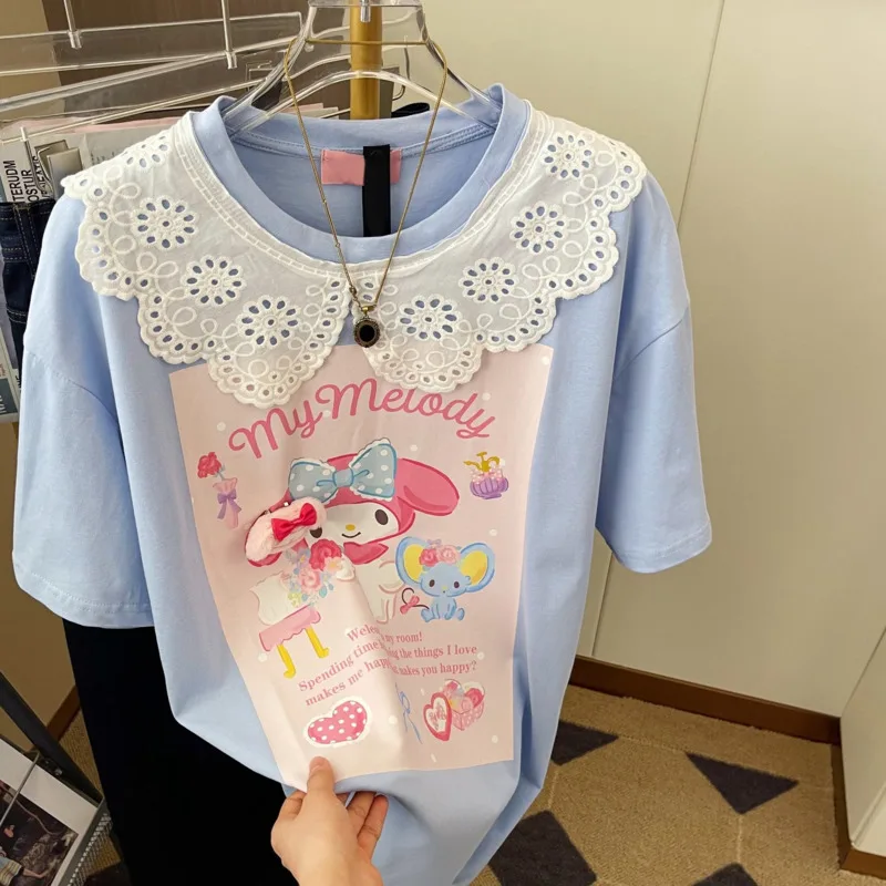 Plus Size Loose Blue Cartoon T-Shirt Women's 2024 Summer New Doll Collar Stitching Three-Dimensional Decorative Casual Sweet Top