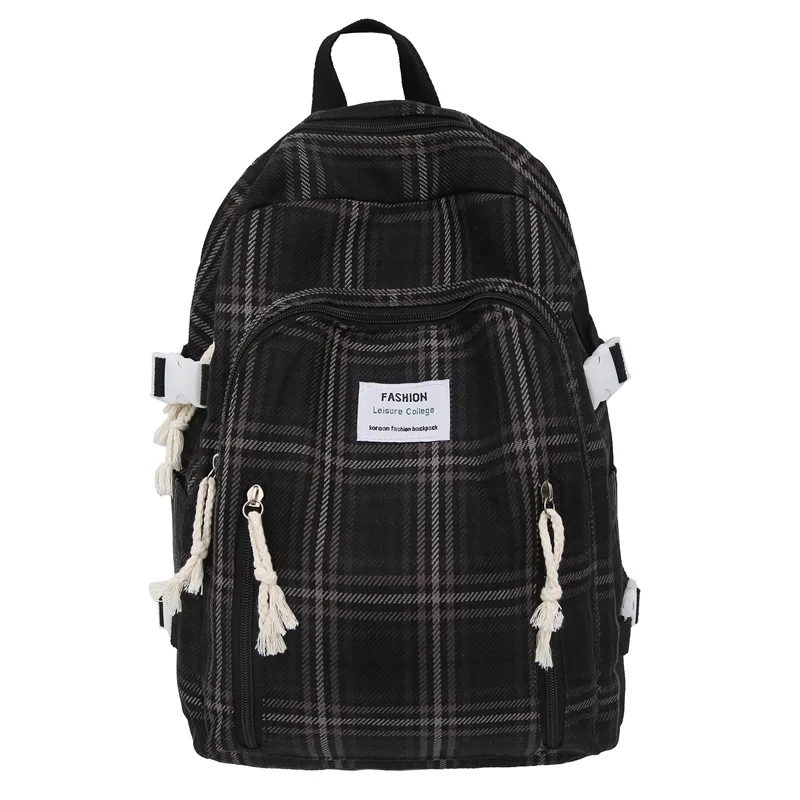 Fashionable Plaid Canvas Female Backpack Student School Bag Backpack Girl School Bag Large Capacity Travel Backpack