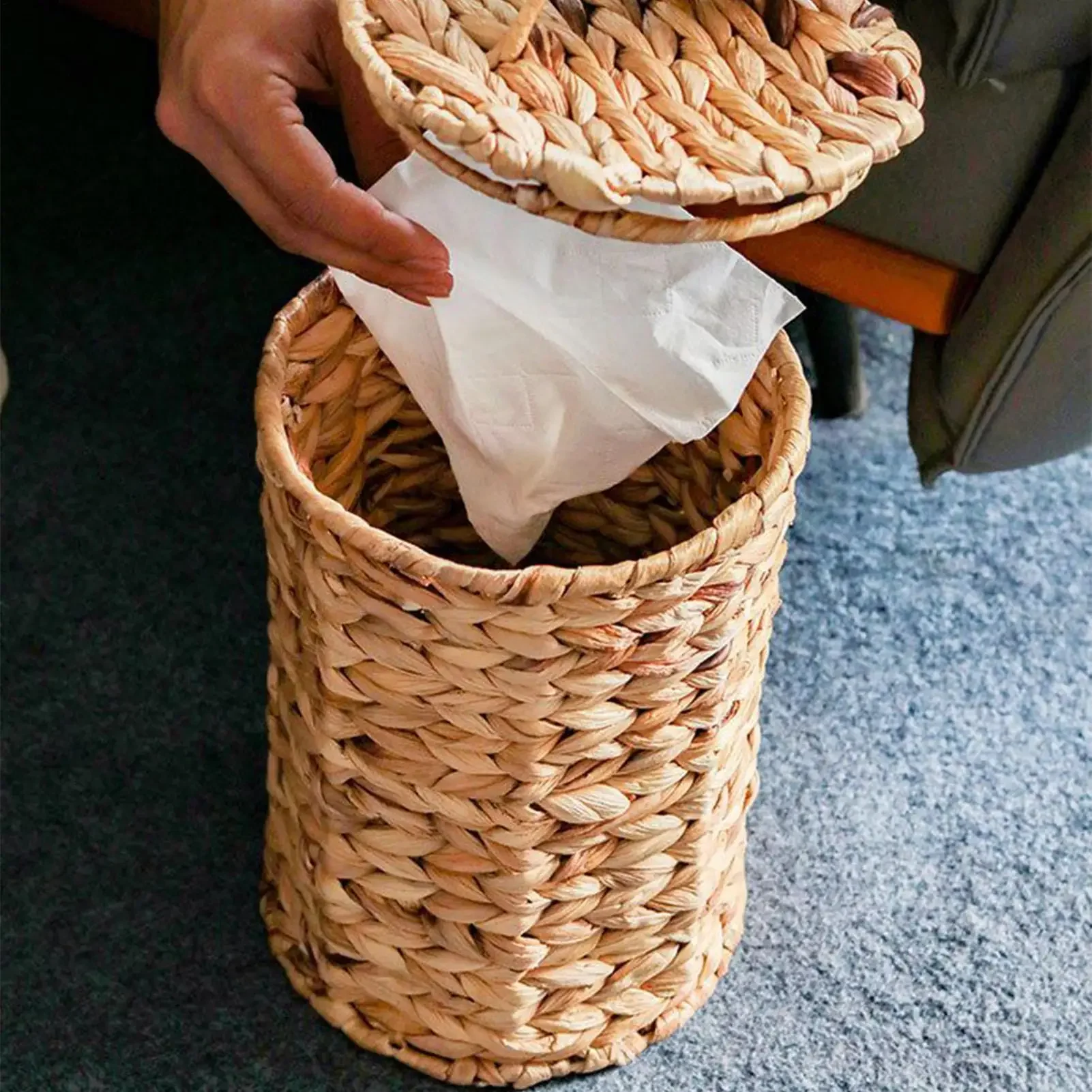 Woven Trash Can Gourd Grass Rustic Home Decor Decorative Garbage Can with Lid for Bedroom Kitchen Bathroom Living Room Entryway
