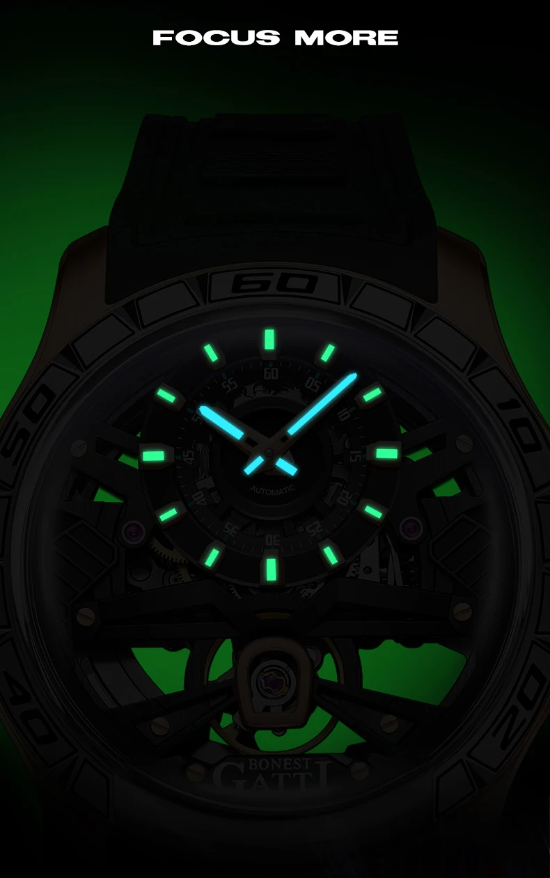 BONEST GATTI Männer Automatische Uhr 44mm Mode Mechanische Armbanduhr Luminous Skeleton 50M Wasserdicht Saphir Fluororubber Strap