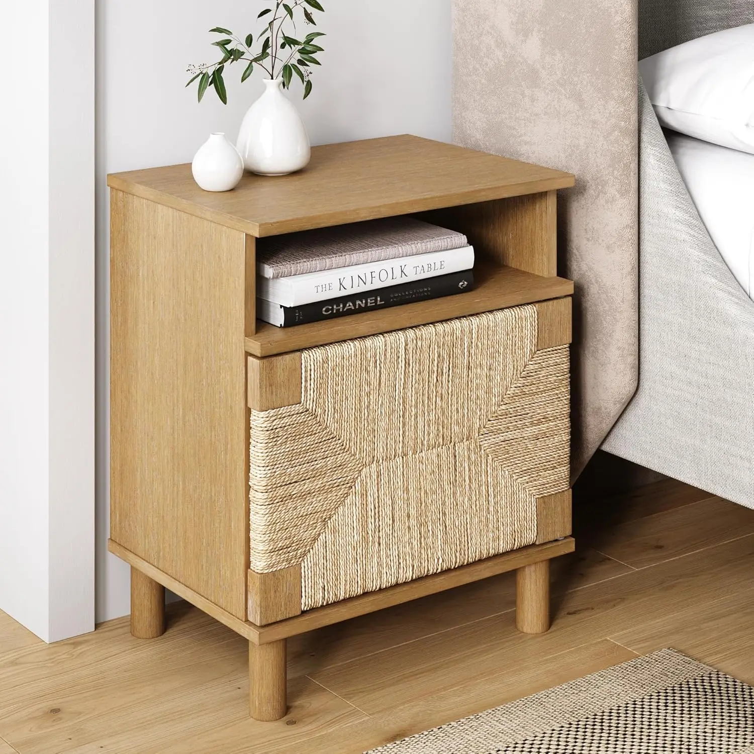 Wood Nightstand, Bohemian Accent Table or Sofa Side Table with Seagrass Door for Bedroom or Living Room, Light Brown