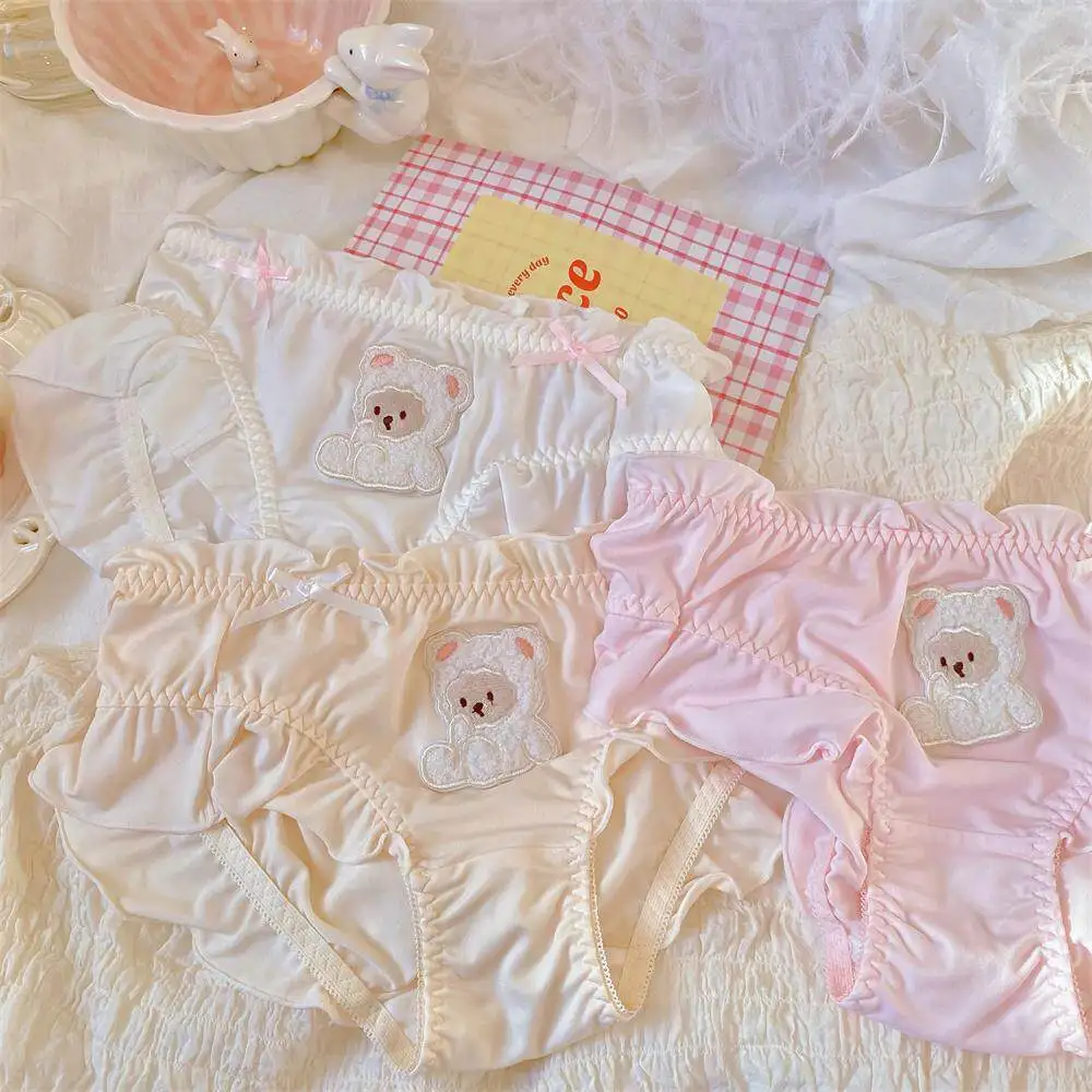 Cute Lolita Girl Briefs Sweet Soft Solid Color Plush Goodnight Bear Minimalist Underpants Ribbons Bows Fairy Tales Women Panties