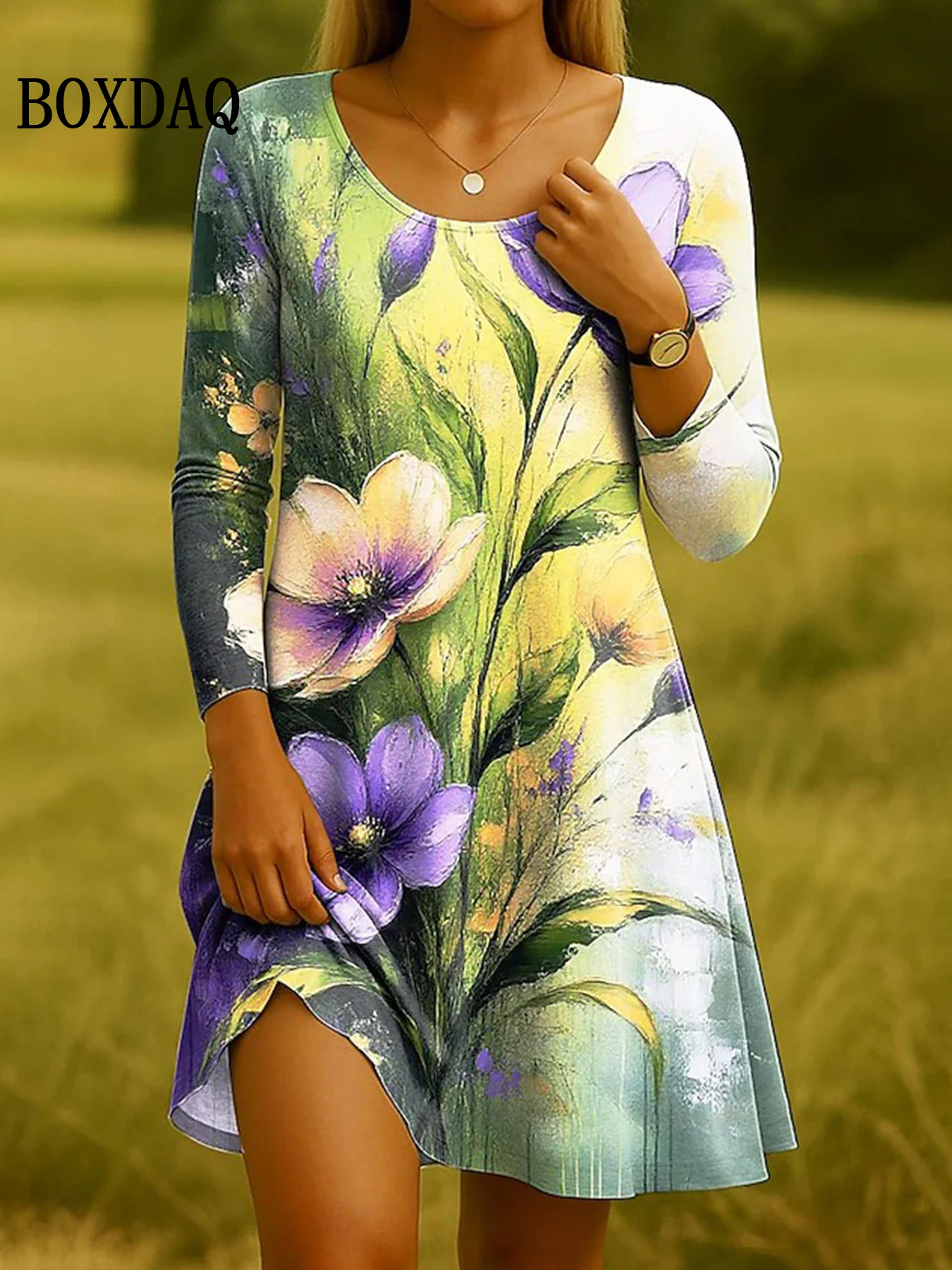 エレガントなレディースミニドレス、ファッションタイダイ、Oネック、長袖、プリントドレス、カジュアルAラインTシャツドレス、秋冬服2025