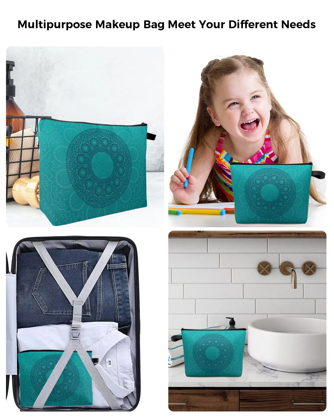 Bolsa de maquiagem turquesa Mandala Bobo, Travel Essentials Pouch, Sacos cosméticos para mulheres, Organizador de banheiro para crianças, Lápis, Armazenamento