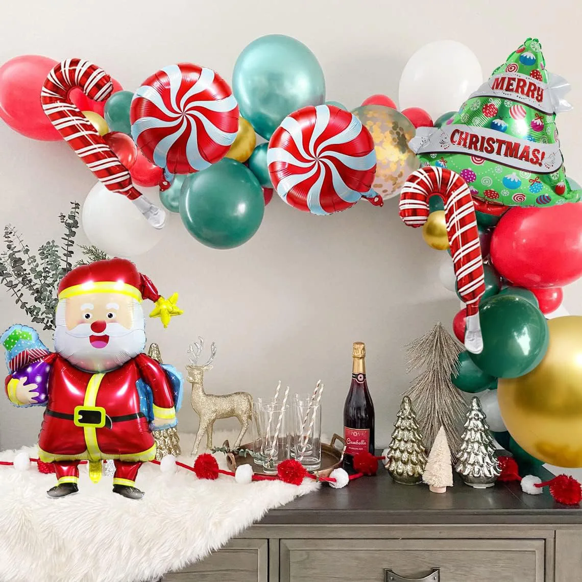 

Christmas balloon wreath arch set, red and white candy balloons and Christmas tree Santa Claus aluminum foil balloons Christmas