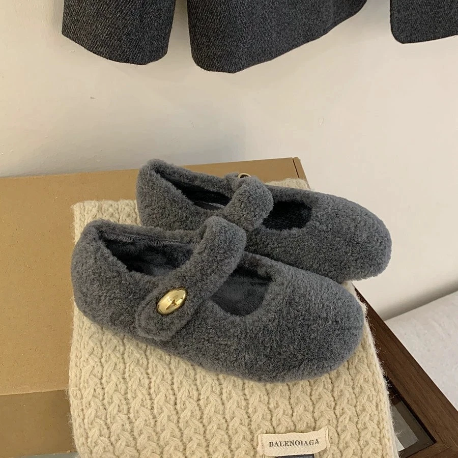 Moda dedo do pé redondo flet ballet flats feminino inverno lã quente mary jane sapatos senhoras design da marca elegante mocassins de pelúcia senhoras