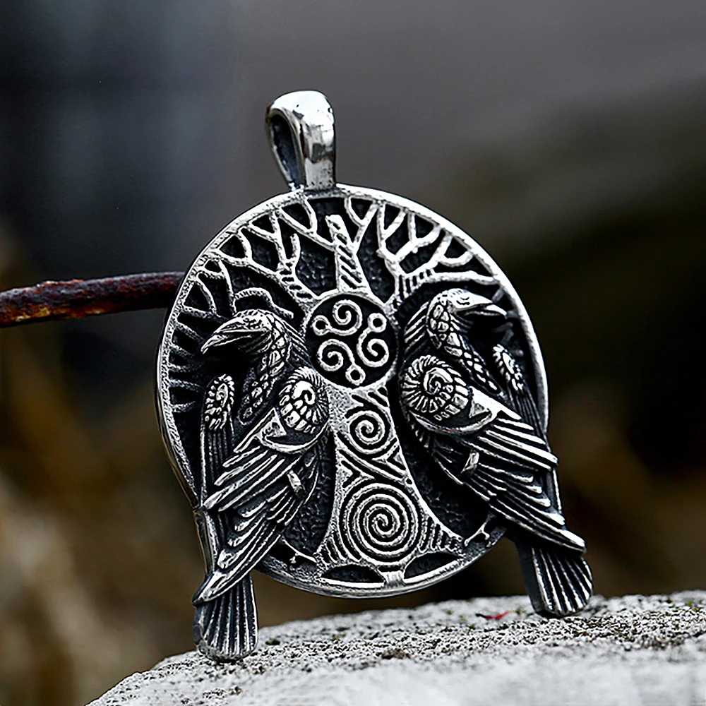 Fashion Vintage Viking Odin Double Ravens Necklace Stainless Steel Nordic Tree of Life Pendant for Men Amulet Jewelry Wholesale