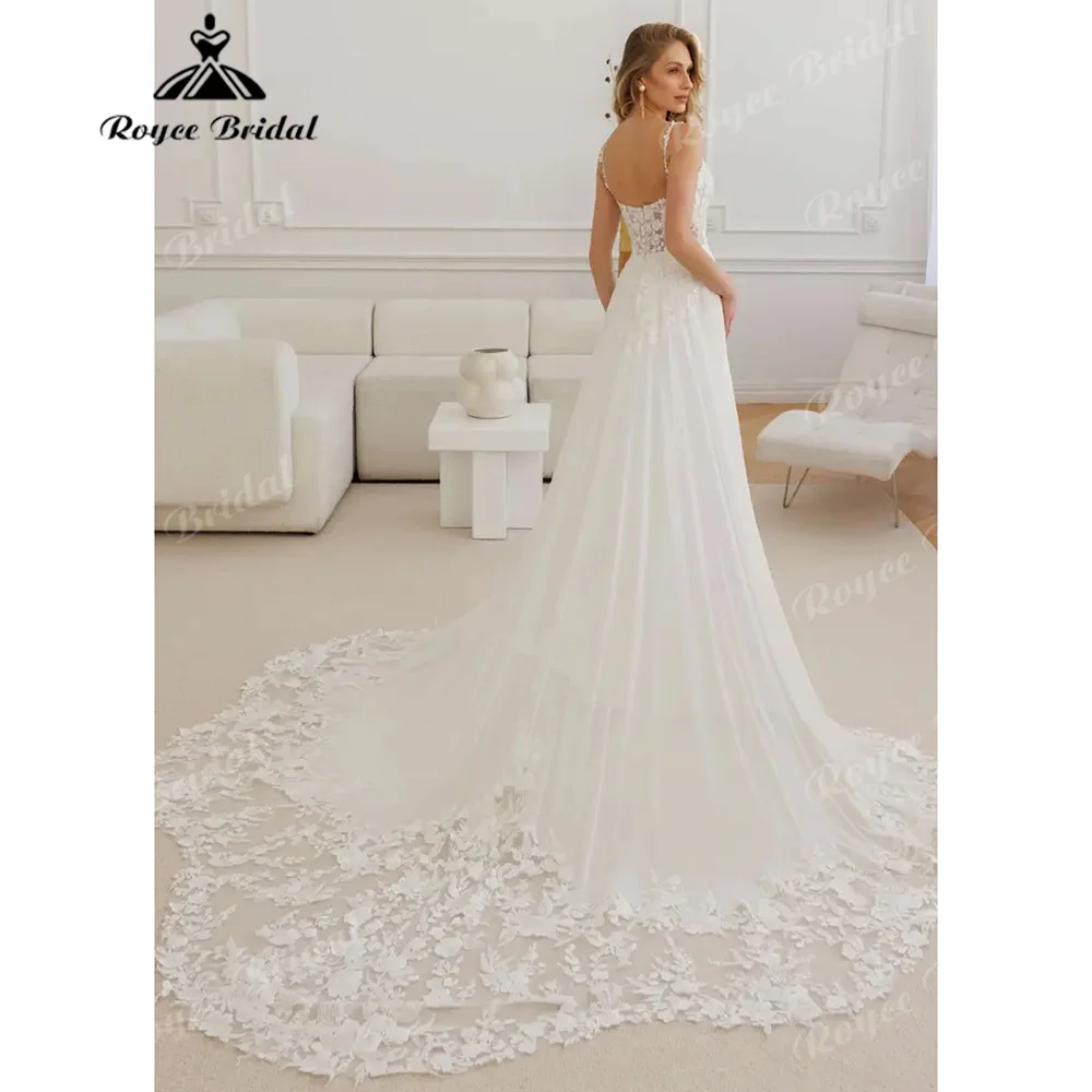 2027 Spaghetti Strap Deep V A Line Wedding Dress 3D Floral Lace Appliques Soft Tulle Sheer Back Romantic Bridal Gown Customized
