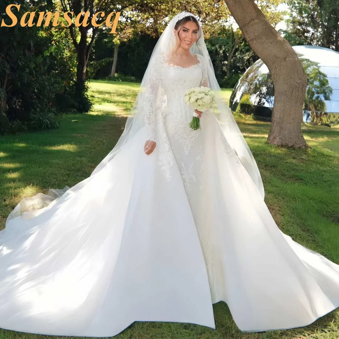 Custom Luxury Neck Wedding Dress Long Lace Sleeves Princess Ball Gown Lace Appliques Cathedral Train Vestido de Novia