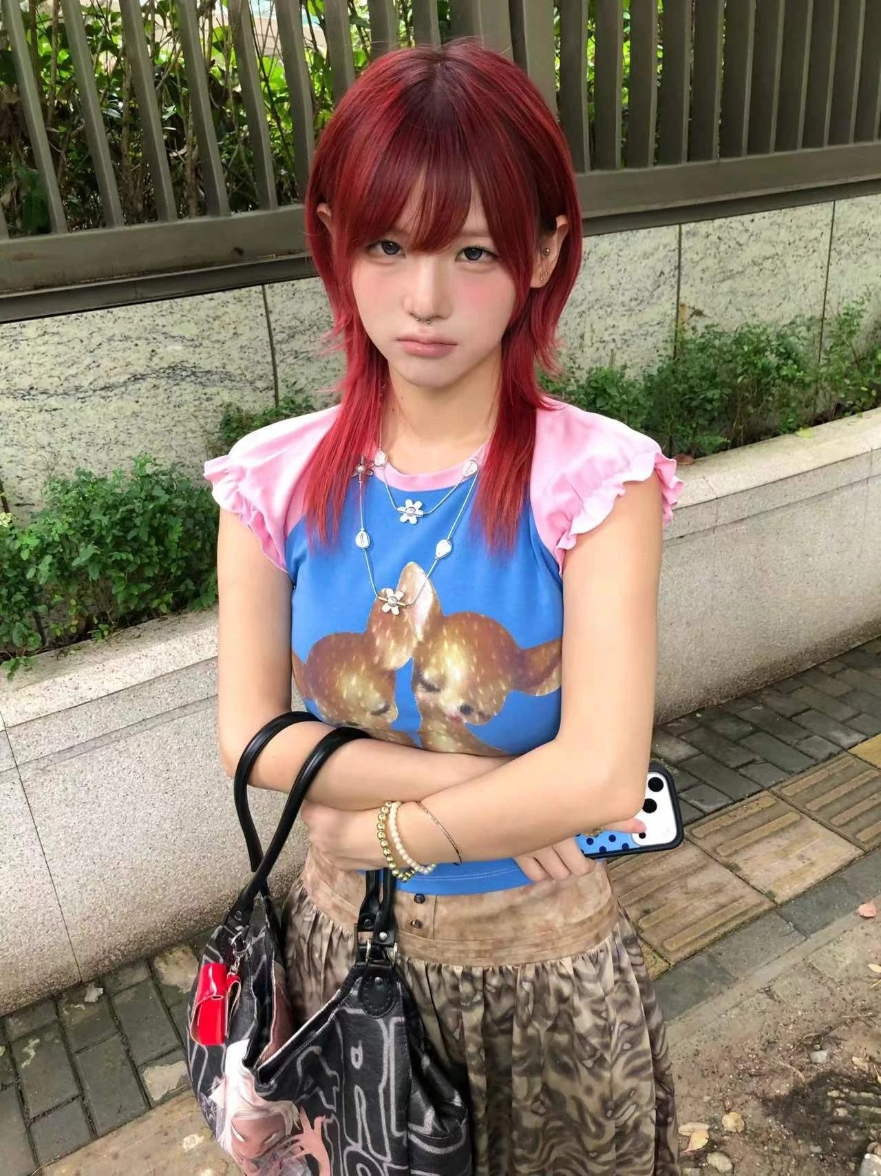 Karrram Japanisches Y2k-T-Shirt mit Hirschmuster, 2000er-Jahre-Cutecore-Kurzarm-Patchwork-Tops, Vintage-Harajuku-T-Shirt mit Puffärmeln, Kawaii – Detail 7