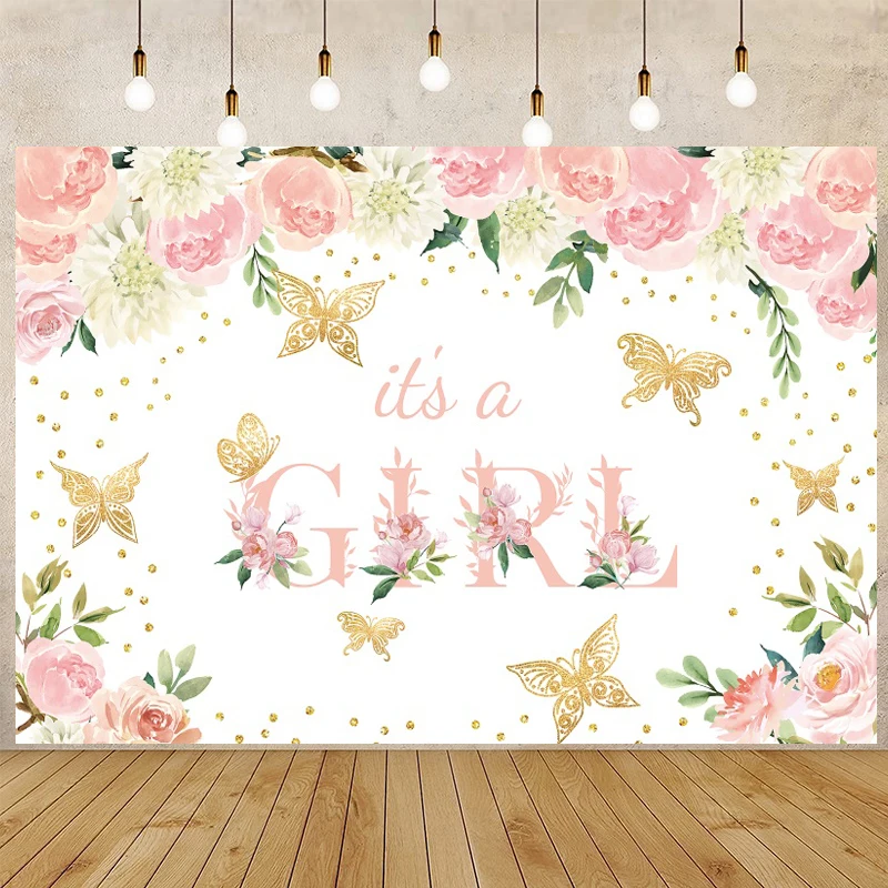 

It's A Girl Newborn Backdrop Photography Glitter Golden Butterflies Floral White Board Happy Birthday Backgrounds Table Decor