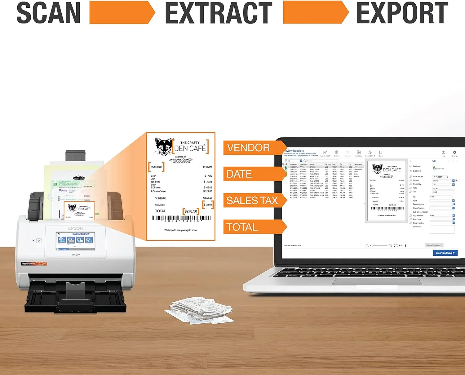 RapidReceipt RR-600W Wireless Desktop Color Duplex Receipt and Document Scanner with Receipt Management