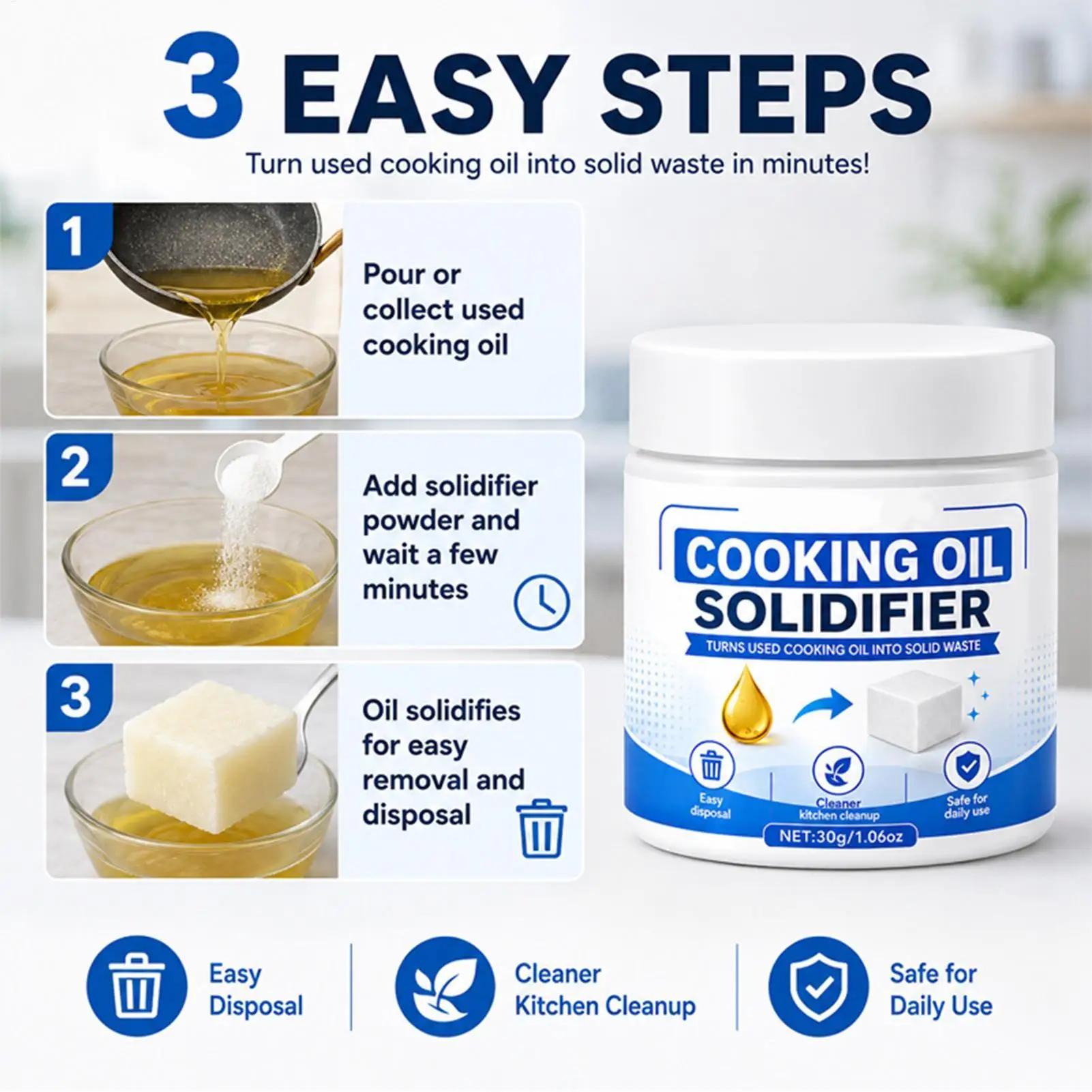 30g Cooking Oil Solidifier Kitchen Waste Oil Hardener Grease Disposal Powder Easy Instant Cleanup Drain Protector for Home view 4