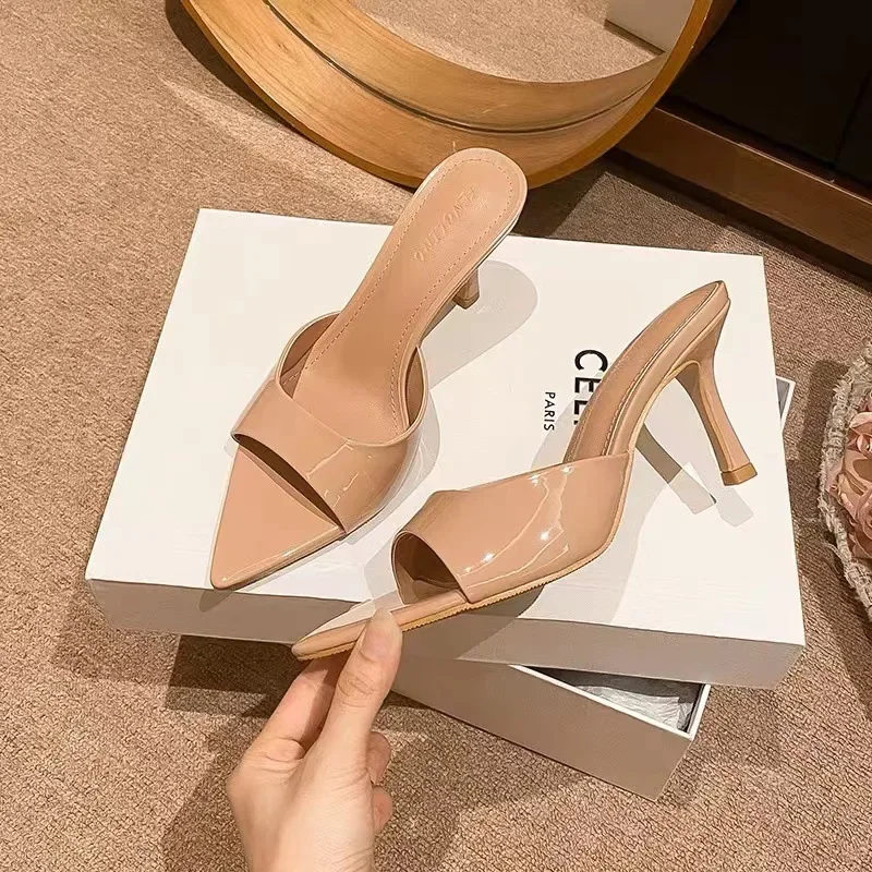 2025 New Summer Versatile High-Heeled Patent Leather Slippers Sexy Outer Wear Fine-Tipped Peep-Toe Sandals Rubber Sole Plastic S