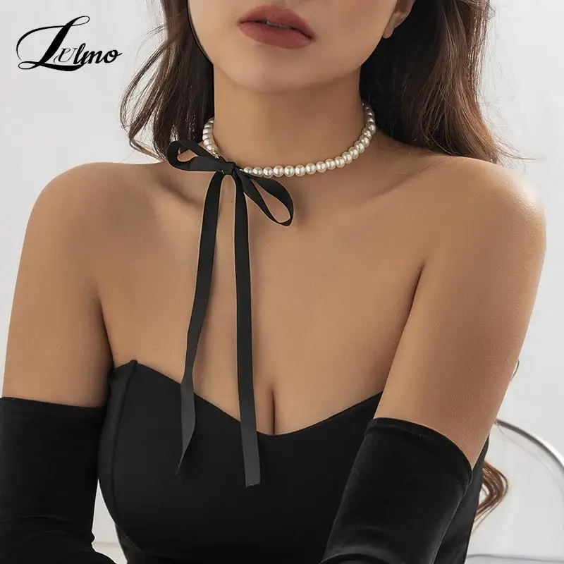 Trend Wedding Party Jewelry Long Black Ribbon Choker Necklace For Women Elegant White Imitation Pearl Beach Vacation Necklaces