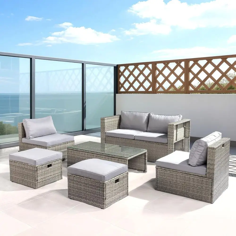 6-Piece Grey Wicker Outdoor Patio Sectional Set with Ottomans and Coffee Table for Space-Efficient Garden, Poolside, Backyard