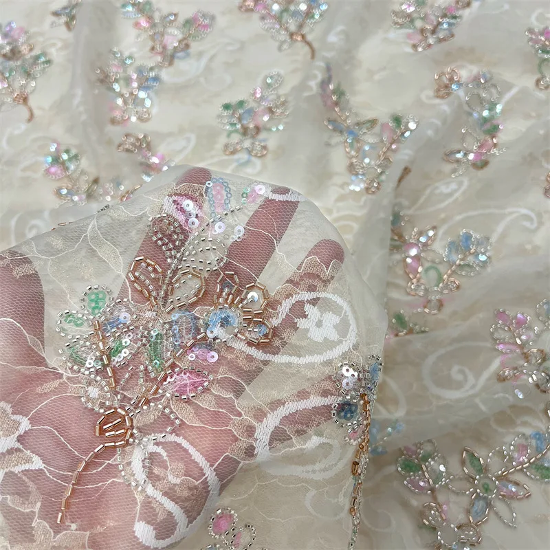 

French Fashion Sequined Lace Fabric Exquisite Beaded Embroidery Cloth For Wedding Party DIY Garment Sewing Material
