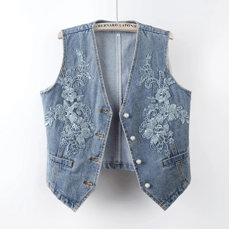 

Summer New Women Vintage Harajuku Fashion Beaded Embroidery Light Blue Slim Short Denim Vest V-Neck Sleeveless Cowboy Waistcoat
