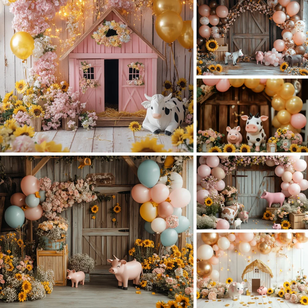 

Newborn Photography Background Sunflower Farm Cow Balloon Decoration Backdrops Baby Shower Cake Smash Party Studio Props Banner