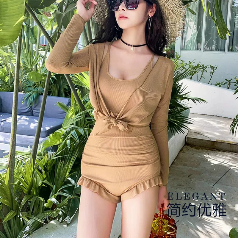 Women's Long-sleeved Sexy Flesh Covering and Slimming Solid Color Fashionable Hot Spring Swimming Suit