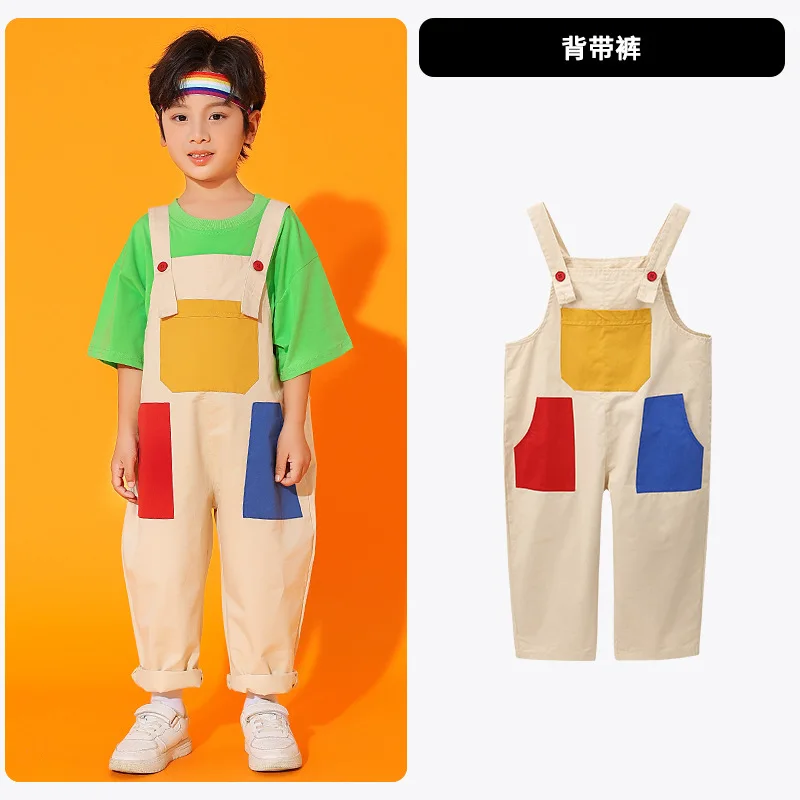 Boys Hip Hop Colored T-shirt Loose Contrast Overalls Girls Patchwork Dungaree Child Jumpsuit Street Dance Romper Kids Streetwear