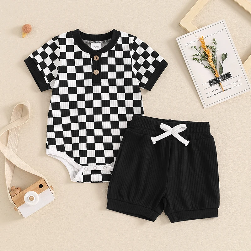 Newborn Baby Boy Girl Jumpsuit Set Plaid Print Ribbed Knit Short Sleeve Romper Solid Elastic Short Set Infant Summer 2Pcs Outfit