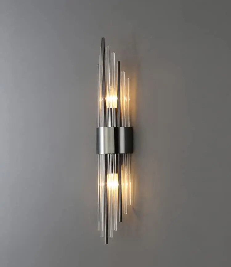 Sconce moderno a 2 luci in metallo nero con illuminazione per applique in cristallo di classe trasparente per camera da letto, soggiorno, bagno